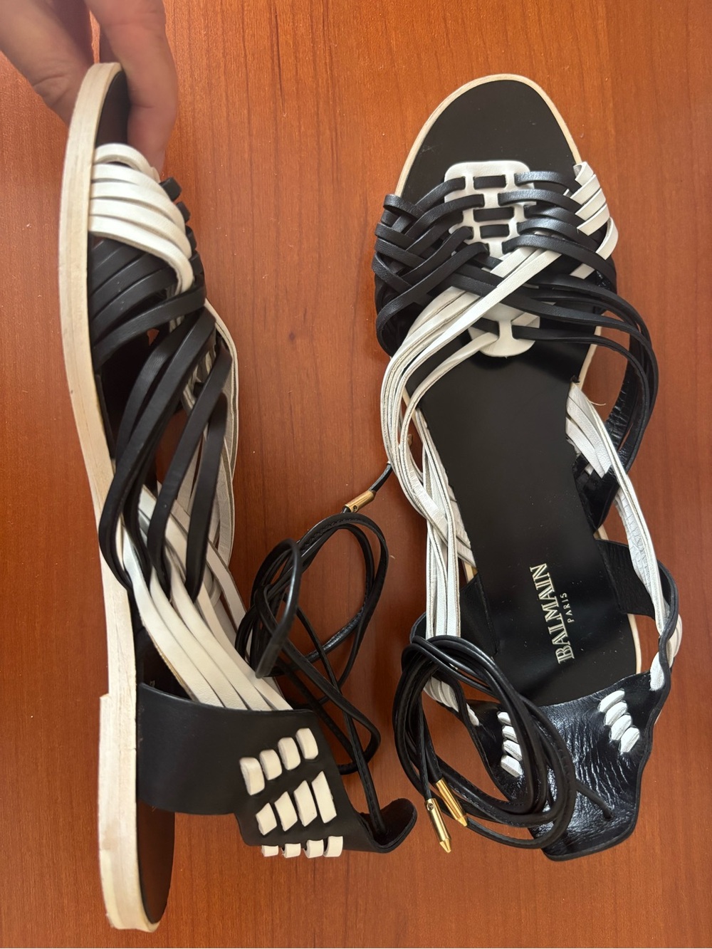 Balmain Black and White Woven Lace-Up Strappy Sandals - Picture 4 of 9